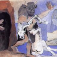 Minotaur and the Dead Mare before a Cave, with a girl in a Veil, 1936