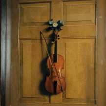 Trompe l’Oeil of a violin and bow hanging on a door - Jan van der Vaart